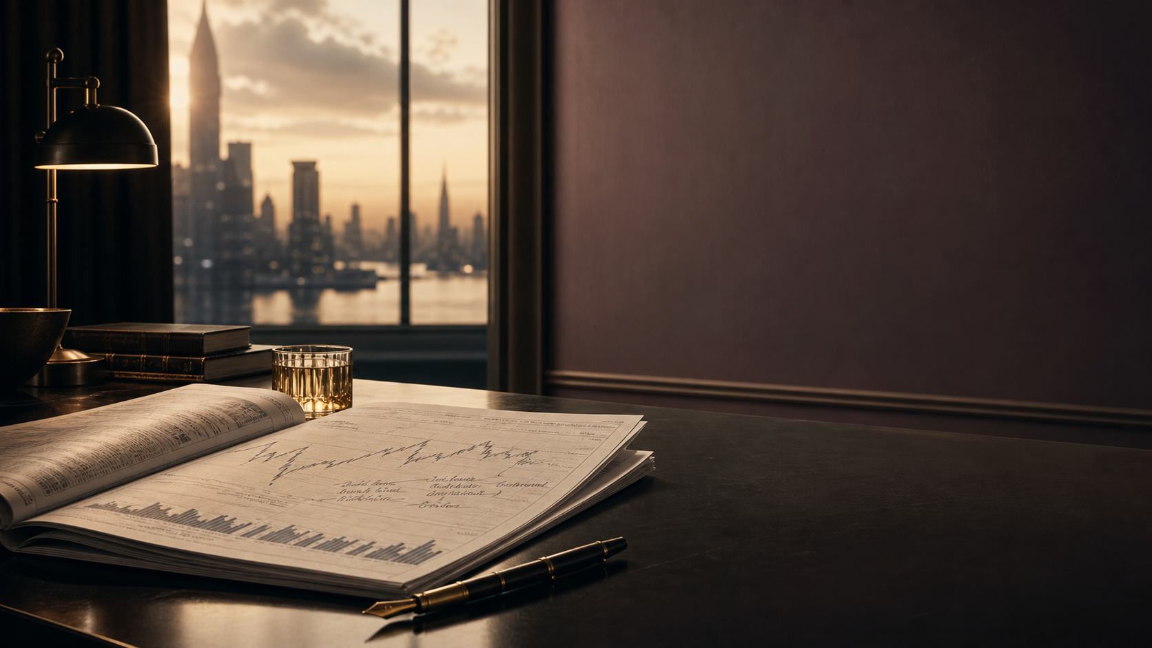Financial market notes on an editorial desk at dawn